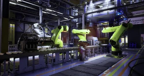 Moderne Industrieroboter unterstützen die Fließbandproduktion in einer Fabrik