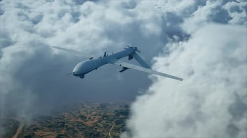 3D Military Drone Flying Above Clouds with Surveillance View