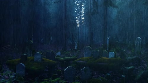 The Rain Falls On The Macabre Cemetery Murky Night