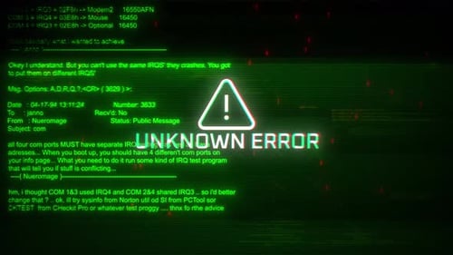 Unbekannter Fehler, Warnungen, Bildschirmbewegung auf abstraktem Technologiehintergrund, grüne Farbe