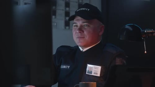 Security Guard at Desk Communicates Over Radio