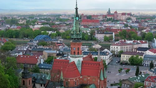 Aerial Panorama of Podgorze District in Krakow with View of Royal Wawel Castle