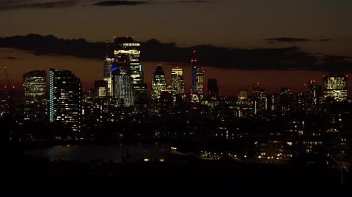 Establishing Aerial View Shot of London City at night.