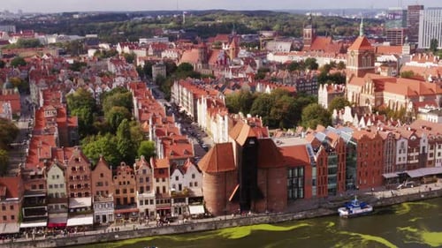 Historic crane in old town of Gdansk City . Aerial view.