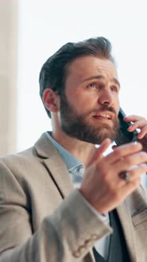 Businessman, phone call and walk in city with discussion, direction or location for property deal