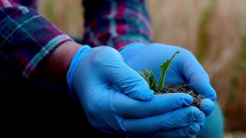 Hands Holding Soil with Sprout in Rural Setting