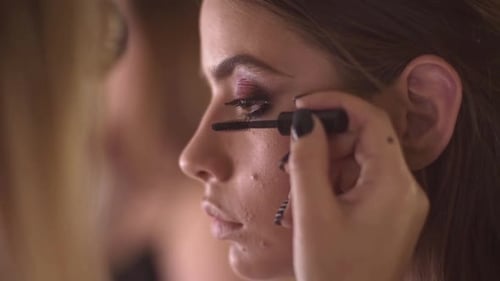 Fashion Makeup Artist Applying Eyeshadow for Beauty Make Up Model Closeup Eyes Eyeshadow Beautiful