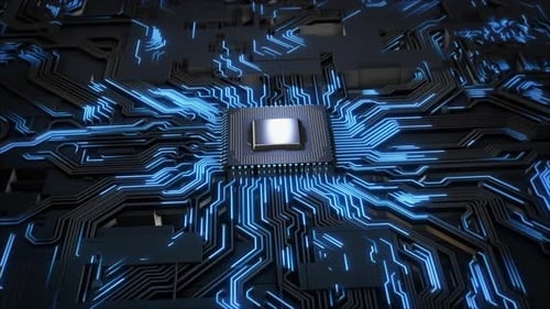 Futuristic Circuit Board with Glowing Blue Data Flow Animation