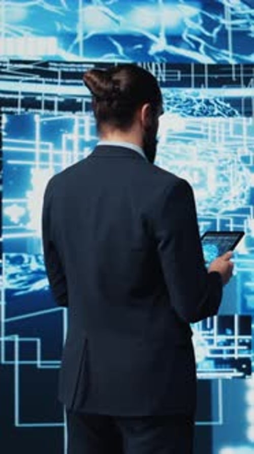 Vertical Video IT Specialist Interacting with Digital AI Neural Networks for Deep Learning