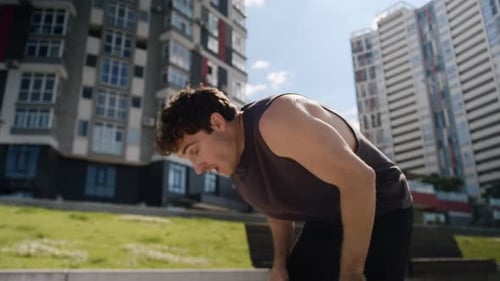 Tired Caucasian Sportsman Man Male Guy Athlete Hard Workout Exhausted Sport Runner Jogging Stop