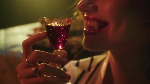 Fanged Vampire Woman with Red Lipstick and Rings Smiling Mysteriously