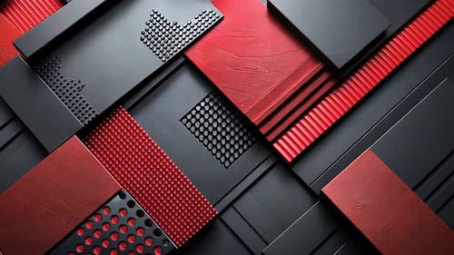 Abstract geometric pattern of black and red rectangular shapes with textured surfaces