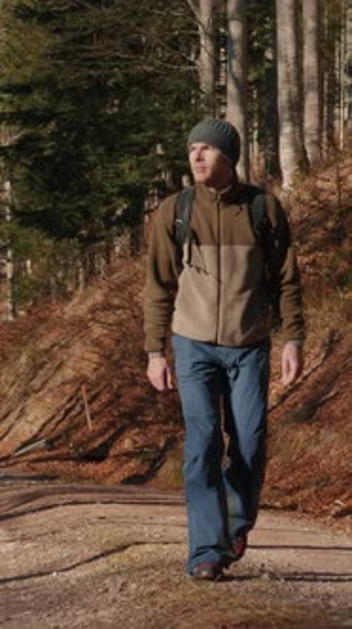 Man tourist in sportswear with backpack walking in fall forest. Vertical video