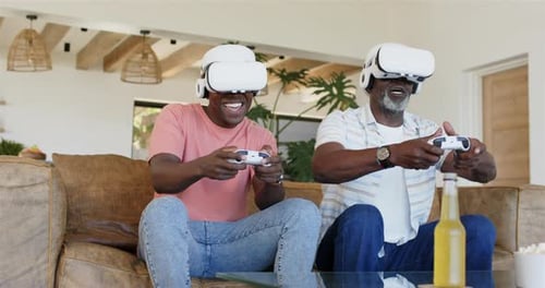 Men Play Video Games with Virtual Reality Headsets