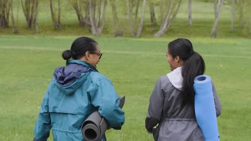 Cheerful Women Carrying Yoga Mats Walking In Park