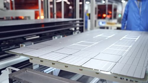 Automated factory equipment of energy device at work. Special machine makes new solar panels.