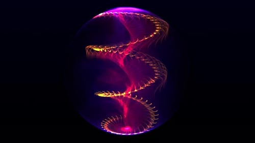 Transparent ethereal sphere background with spiral purple orange energy waves and patterns inside