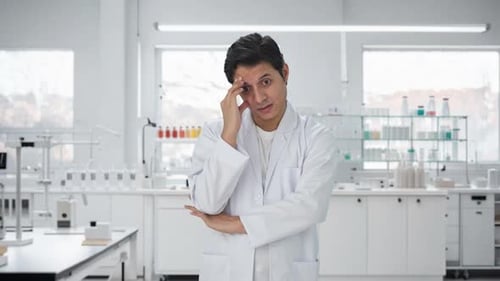 Worried Scientist in Lab Holding Head in Hand