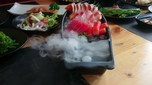 Assortment of Japanese Sushi with Vapor