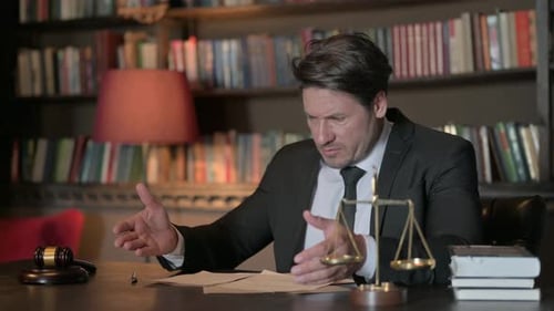 Upset Male Lawyer Reading Legal Documents in Office