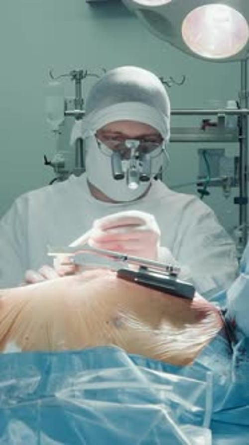 El médico expande el pecho del paciente con un retractor