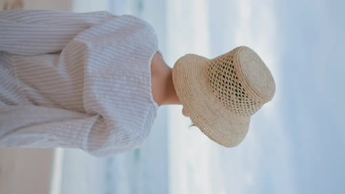 Serene Woman Go Coastline on Vacation Rear View Closeup Calm Girl Rest Vertical