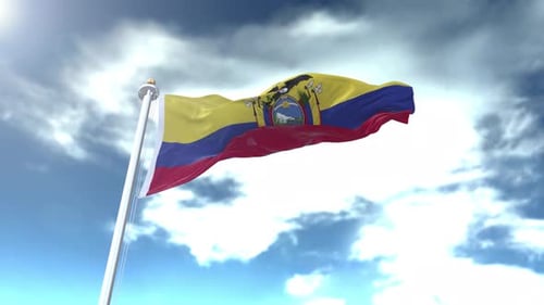 Ecuador National Flag Waving Against Cloudy Blue Sky