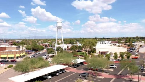 Town of Gilbert, Arizona. Drone ascending towards water tower.