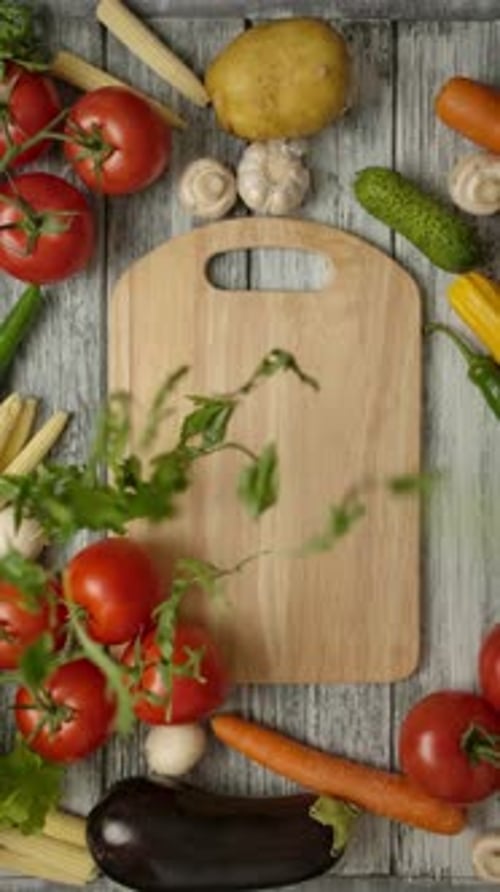 Vertical of Parsley Leaves Falling on a Wooden Cutting Board with Vegetables Around