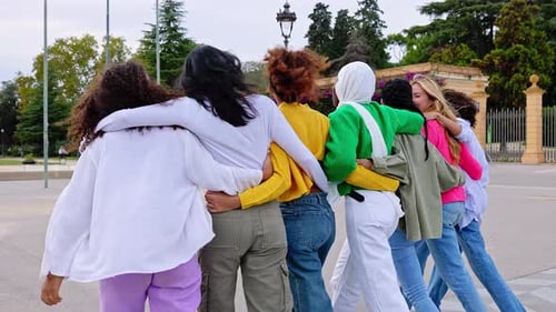 Vista traseira de um grupo jovem de mulheres diversas caminhando juntas e abraçando o ar livre