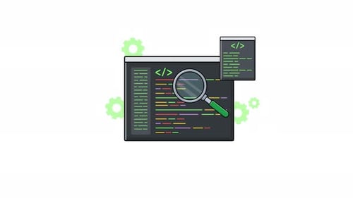 Ventana de Código 4K con lupa. Vídeo de animación del concepto de análisis de codificación
