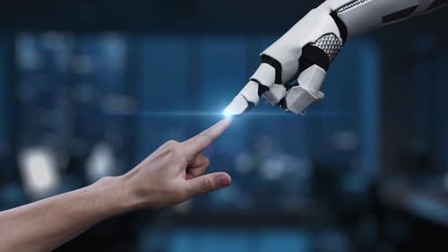 Concepto de tecnología moderna que muestra una mano humana y un brazo robótico que lanzan un cohete digital Symboli