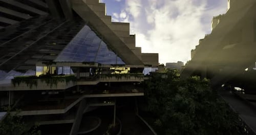 Futuristic Modern Architecture Building with Green Terraces Flythrough