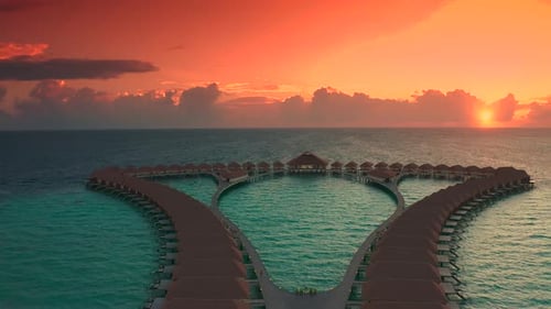 Incrível pôr do sol panorâmico, vilas de resort de luxo nas Maldivas, paisagem marítima com luzes LED suaves sob cores
