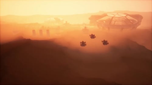 Spaceships Fly Towards Futuristic Sci Fi Mars Colony Base