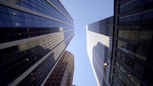 POV view of skyscraper buildings in the city. modern financial business district