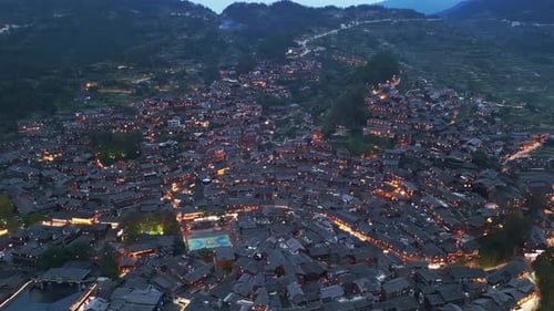 Night Scenery of Thousand Household Miao Village in Asia