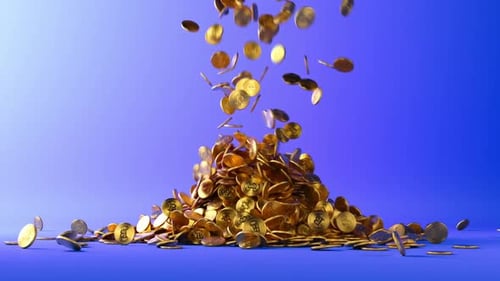 Goldmünzen mit dem Bitcoin-Symbol fallen auf einen Haufen oder Stapel