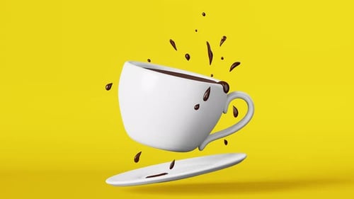 Flying hot chocolate porcelain cup splashes drops 3D animation yellow Floating fresh brewed coffee