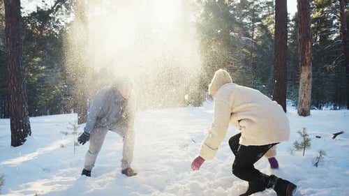 Couple romantique s'amusant dans la forêt d'hiver