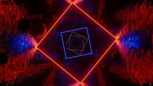 Square room with neon squares and black balls. Looped animation