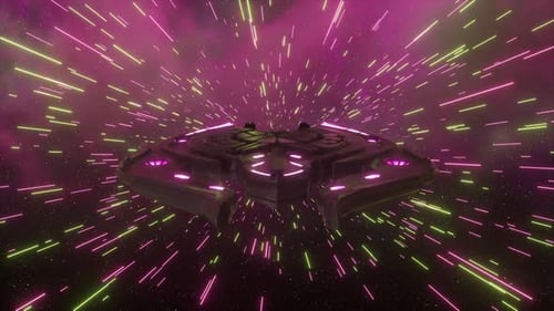 Futuristic Spaceship Flying Through Neon Hyperspace