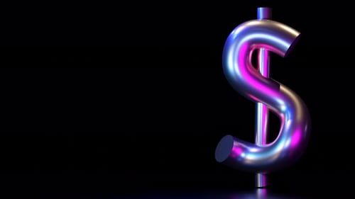 Futuristic glowing 3D dollar symbol with metallic gradient in neon hues of pink, blue, and purple