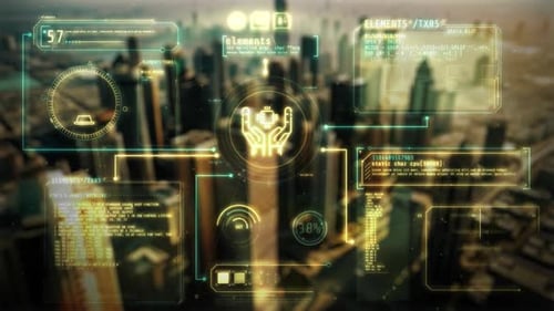 Holographische Schnittstelle mit KI-Datenanalyse vor städtischem Hintergrund