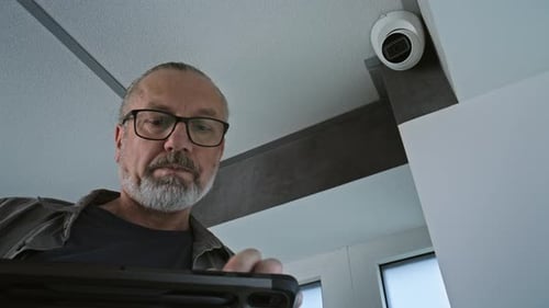 Male Installer Adjusts the Angle of CCTV Camera in Office Uses Tablet Computer