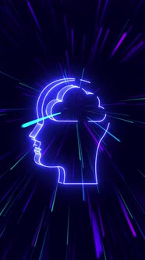 Neon Head Profile with Cloud Icon Loop Animation