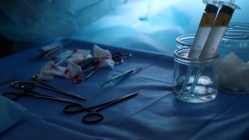 Surgical Tools Prepared on Table in Hospital Operating Room