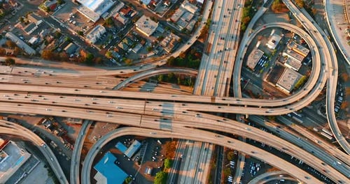 Transport on the highways of a huge interchange. Famous freeway interchange in Los Angeles