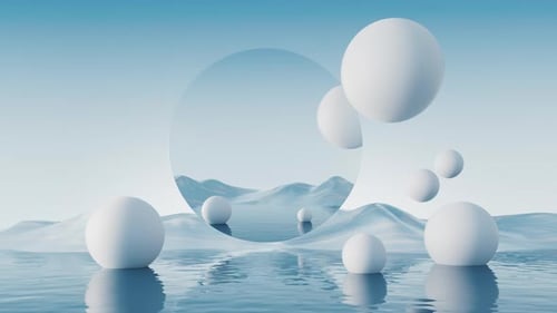 Abstract Spheres Reflective Portal on Stylized Water Landscape