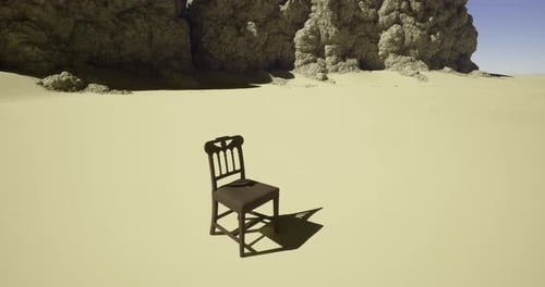 A Solitary Wooden Chair Stands on Expansive Barren Desert Landscape
